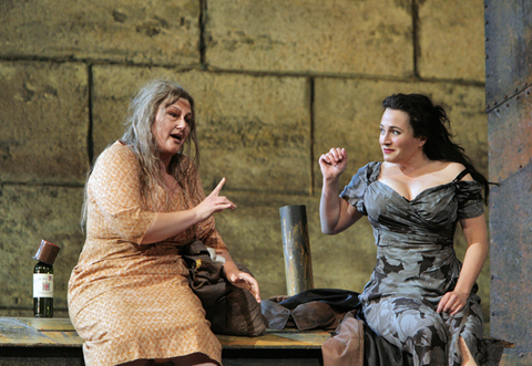 Catherine Cook (Frugola), Patricia Racette (Giorgetta), Il Tabarro, Giacomo Puccini. San Francisco Opera, 2009-10. Photographer: Cory Weaver/San Francisco Opera.