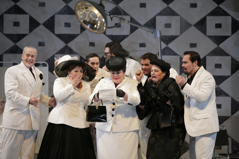 Unknown, Meredith Arwady (Zita), David Lomelí (Rinuccio), Rebekah Camm (Nella), Unknown, Unknown, Catherine Cook (La Ciesca), Unknown, Gianni Schicchi, Giacomo Puccini. San Francisco Opera, 2009-10. Photographer: Cory Weaver/San Francisco Opera.