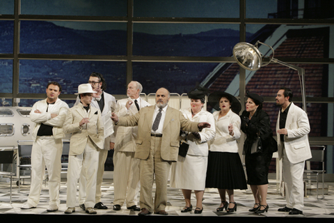 David Lomelí (Rinuccio), Unknown, Unkown, Unknown, Paolo Gavenelli (Gianni Schicchi), Meredith Arwady (Zita), Rebekah Camm (Nella), Catherina Cook (La Ciesca), Unknown, Gianni Schicchi, Giacomo Puccini. San Francisco Opera, 2009-10. Photographer: Cory Weaver/San Francisco Opera.