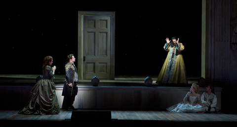 Mary Dunleavy (Constanze), Matthew Polenzani (Belmonte), Charles Shaw Robinson (Pasha Selim), Anna Christy (Blonde), Andrew Bidlack (Pedrillo), Die Entführung aus dem Serail, Wolfgang Amadeus Mozart. San Francisco Opera, 2009-10. Photographer:Terrence McCarthy/San Francisco Opera.