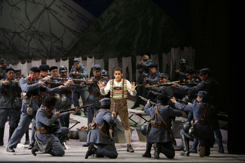 Juan Diego Flórez (Tonio), Chorus, La Fille du Régiment, Gaetano Donizetti. San Francisco Opera, 2009-10. Photographer: Cory Weaver/San Francisco Opera.