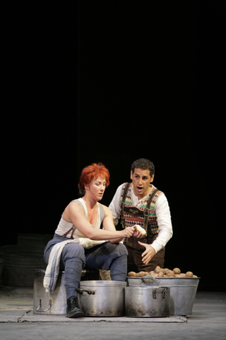 Diana Damrau (Marie), Juan Diego Flórez (Tonio), La Fille du Régiment, Gaetano Donizetti. San Francisco Opera, 2009-10. Photographer: Cory Weaver/San Francisco Opera.