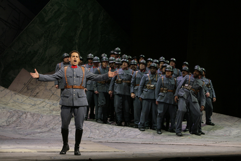 Juan Diego Flórez (Tonio), Chorus, La Fille du Régiment, Gaetano Donizetti. San Francisco Opera, 2009-10. Photographer: Cory Weaver/San Francisco Opera.