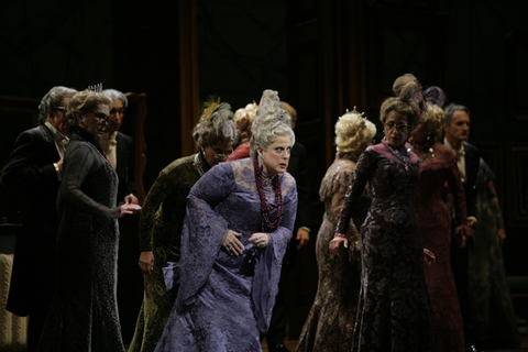 Sheila Nadler (The Duchess of Krakenthorp), Chorus, La Fille du Régiment, Gaetano Donizetti. San Francisco Opera, 2009-10. Photographer: Cory Weaver/San Francisco Opera.