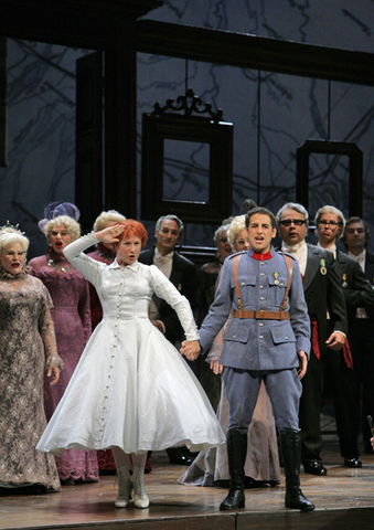 Diana Damrau (Marie), Juan Diego Flórez (Tonio), Chorus, La Fille du Régiment, Gaetano Donizetti. San Francisco Opera, 2009-10. Photographer: Cory Weaver/San Francisco Opera.