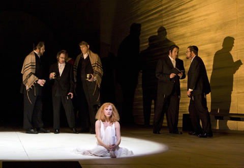 Corey Bix (Fourth Jew), Beau Gibson (First Jew), Robert MacNeil (Second Jew), Nadja Michael (Salome), Jeremy Milner (Fifth Jew), Matthew O'Neill (Third Jew), Salome, Richard Strauss. San Francisco Opera, 2009-10. Photographer: Cory Weaver/San Francisco Opera.