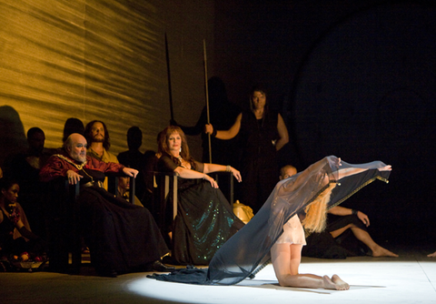 Kim Begley (Herod), Irina Mishura (Herodias), Nadja Michael (Salome), Ensemble, Salome, Richard Strauss. San Francisco Opera, 2009-10. Photographer: Cory Weaver/San Francisco Opera.