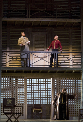 Beau Gibson (Cassio), Marco Vratogna (Iago), Johan Botha (Otello), Otello, Guiseppe Verdi. San Francisco Opera, 2009-10. Photographer: Cory Weaver/San Francisco Opera.