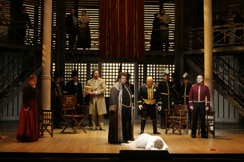 Renée Tatum (Emilia), Beau Gibson (Cassio), Johan Botha (Otello), Zvetelina Vassileva (Desdemona), Eric Halfvarson (Lodovico), Marco Vratogna (Iago), Otello, Guiseppe Verdi. San Francisco Opera, 2009-10. Photographer: Cory Weaver/San Francisco Opera.