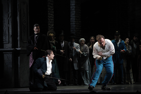 John Relyea (Méphistophélès), Stefano Secco (Faust), Brian Mulligan (Valentin), Faust, Charles François Gounod. San Francisco Opera, 2009-10. Photographer: Cory Weaver/San Francisco Opera.