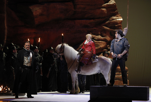 Roberto Frontali (Sheriff Jack Rance), Deborah Voigt (Minnie), Salvatore Licitra (Dick Johnson), La Fanciulla del West, Giacomo Puccini. San Francisco Opera, 2009-10. Photographer: Cory Weaver/San Francisco Opera.