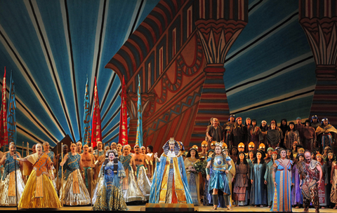 Dolora Zajick (Amneris), Christian Van Horn (King of Eqypt), Marcello Giordani (Radames), Micaela Carosi (Aida), Marco Vratogna (Amonasro), Aida, Giuseppe Verdi. San Francisco Opera, 2010-11. Photographer: Cory Weaver/San Francisco Opera.