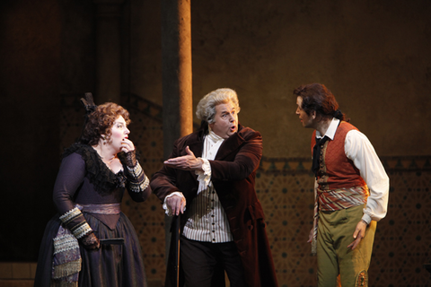 Catherine Cook (Marcellina), John Del Carlo (Dr. Bartolo), Luca Pisaroni (Figaro), Le Nozze di Figaro, Wolfgang Amadeus Mozart. San Francisco Opera, 2010-11. Photographer: Cory Weaver/San Francisco Opera.