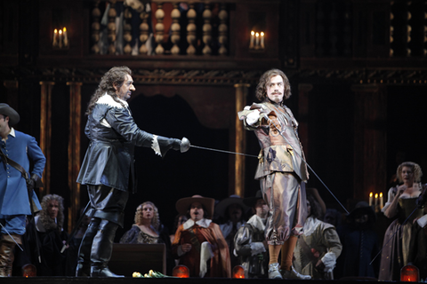 Plácido Domingo (Cyrano de Bergerac), Austin Kness (Vicomte de Valvert), Cyrano de Bergerac, Franco Alfano. San Francisco Opera, 2010-11. Photographer: Cory Weaver/San Francisco Opera.