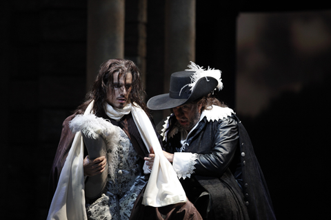 Thiago Arancam (Christian de Neuveville), Plácido Domingo (Cyrano de Bergerac), Cyrano de Bergerac, Franco Alfano. San Francisco Opera, 2010-11. Photographer: Cory Weaver/San Francisco Opera.