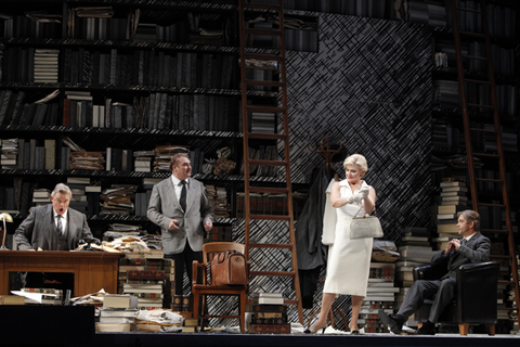 Dale Travis (Dr. Kolenatý), Miro Dvorsky (Albert Gregor), Karita Mattila (Emilia Marty), Gerd Grochowski (Baron Jaraslav Prus), Věc Makropulos, Leoš Janáček. San Francisco Opera, 2010-11. Photographer: Cory Weaver/San Francisco Opera.