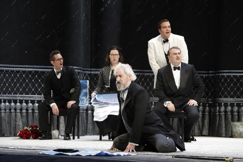 Thomas Glenn (Vítek), Susannah Biller (Kristina), Matthew O'Neill (Count Hauk-Šendorf), Brian Jagde (Janek), Miro Dvorsky (Albert Gregor), Věc Makropulos, Leoš Janáček. San Francisco Opera, 2010-11. Photographer: Cory Weaver/San Francisco Opera.