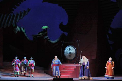 Greg Fedderly (Pang), Hyung Yun (Ping), Daniel Montenegro (Pong), Marco Berti (Calaf), Raymond Aceto (Timur), Leah Crocetto (Liù), Turandot, Giacomo Puccini. San Francisco Opera, 2011-12. Photographer: Cory Weaver/San Francisco Opera.