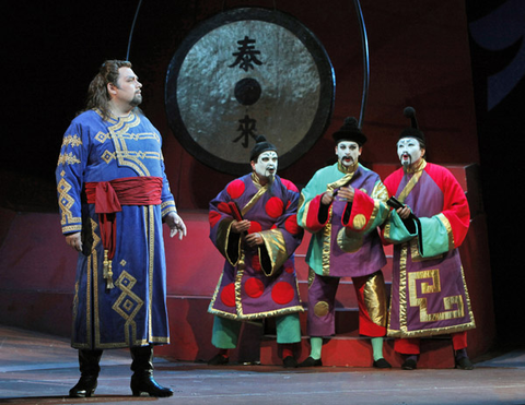 Marco Berti (Calaf), Greg Fedderly (Pang), Daniel Montenegro (Pong), Hyung Yun (Ping), Turandot, Giacomo Puccini. San Francisco Opera, 2011-12. Photographer: Cory Weaver/San Francisco Opera.