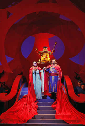 Marco Berti (Calaf), Joseph Frank (Emperor Altoum), Iréne Theorin (Turandot), Turandot, Giacomo Puccini. San Francisco Opera, 2011-12. Photographer: Cory Weaver/San Francisco Opera.