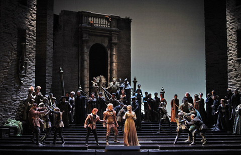 Elizabeth DeShong (Maffio Orsini), Michael Fabiano (Gennaro), Renée Fleming (Lucrezia Borgia), Lucrezia Borgia, Gaetano Donizetti. San Francisco Opera, 2011-12. Photographer: Cory Weaver/San Francisco Opera.