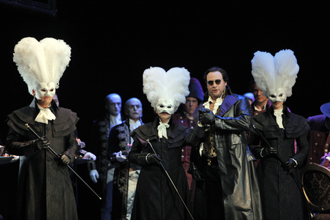 Shawn Mathey (Don Ottavio), Serena Farnocchia (Donna Elvira), Lucas Meachem (Don Giovanni), Ellie Dehn (Donna Anna), Don Giovanni, Wolfgang Amadeus Mozart. San Francisco Opera, 2011-12. Photographer: Cory Weaver/San Francisco Opera.