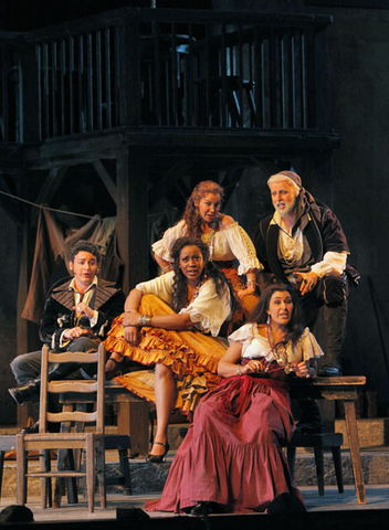 Daniel Montenegro (Le Remendado), Kendall Gladen (Carmen), Susannah Biller (Frasquita), Cybele Gouverneur (Mercédès), Timothy Mix (Le Dancaïre), Carmen, Georges Bizet. San Francisco Opera, 2011-12. Photographer: Cory Weaver/San Francisco Opera.