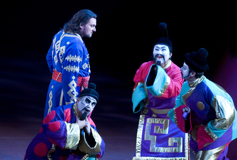 Walter Fraccaro (Calaf), Greg Fedderly (Pang), Hyung Yun (Ping), Daniel Montenegro (Pong), Turandot (II), Giacomo Puccini. San Francisco Opera, 2011-12. Photographer: D. Ross Cameron/San Francisco Opera.