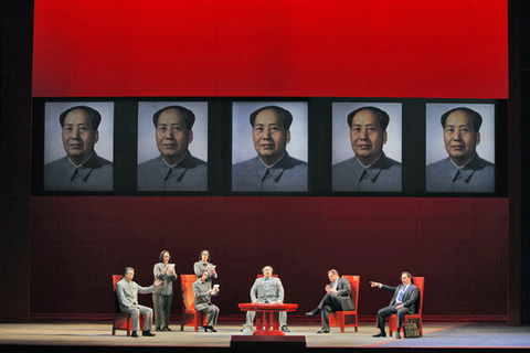 Chen-Ye Yuan (Chou En-lai), Ginger Costa-Jackson (Nancy T'ang), Buffy Baggott (Second Secretary to Mao), Nicole Birkland (Third Secretary to Mao), Simon O'Neill (Mao Tse-tung), Patrick Carfizzi (Henry Kissinger), Brian Mulligan (Richard Nixon), Nixon in China, John Adams. San Francisco Opera, 2011-12. Photographer: Cory Weaver/San Francisco Opera.