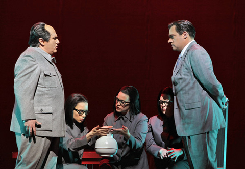 Simon O'Neill (Mao Tse-tung), Ginger Costa-Jackson (Nancy T'ang), Buffy Baggott (Second Secretary to Mao), Nicole Birkland (Third Secretary to Mao), Brian Mulligan (Richard Nixon), Nixon in China, John Adams. San Francisco Opera, 2011-12. Photographer: Cory Weaver/San Francisco Opera.