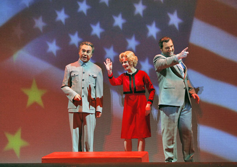 Chen-Ye Yuan (Chou En-lai), Maria Kanyova (Pat Nixon), Brian Mulligan (Richard Nixon), Nixon in China, John Adams. San Francisco Opera, 2011-12. Photographer: Cory Weaver/San Francisco Opera.