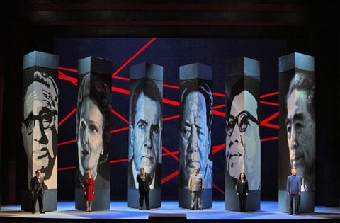 Patrick Carfizzi (Henry Kissinger), Maria Kanyova (Pat Nixon), Brian Mulligan (Richard Nixon), Simon O'Neill (Mao Tse-tung), Hye Jung Lee (Madame Mao Tse-tung), Chen-Ye Yuan (Chou En-lai), Nixon in China, John Adams. San Francisco Opera, 2011-12. Photographer: Cory Weaver/San Francisco Opera.