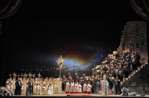 Samuel Ramey (Pope Leo I), Ferruccio Furlanetto (Attila), Chorus, Attila, Guiseppe Verdi. San Francisco Opera, 2011-12. Photographer: Cory Weaver/San Francisco Opera.