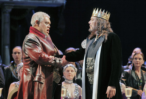 Quinn Kelsey (Ezio), Ferruccio Furlanetto (Atilla), Chorus, Attila, Guiseppe Verdi. San Francisco Opera, 2011-12. Photographer: Cory Weaver/San Francisco Opera.