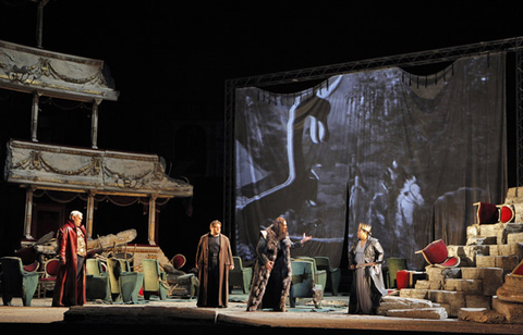 Quinn Kelsey (Ezio), Diego Torre (Foresto), Ferruccio Furlanetto (Atilla), Lucrecia Garcia (Odabella), Attila, Guiseppe Verdi. San Francisco Opera, 2011-12. Photographer: Cory Weaver/San Francisco Opera.