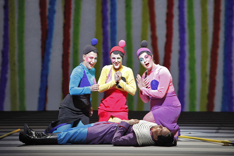 Reneé Tatum (The Three Ladies), Lauren McNeese (The Three Ladies), Melody Moore (The Three Ladies), Alek Shrader (Tamino), Die Zauberflöte, Wolfgang Amadeus Mozart. San Francisco Opera, 2011-12. Photographer: Cory Weaver/San Francisco Opera.