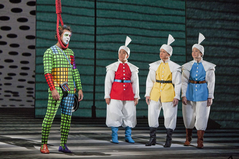 Nathan Gunn (Papageno), Etienne Julius Valdez (The Three Boys), Joshua Reinier (The Three Boys), John Walsh (The Three Boys), Die Zauberflöte, Wolfgang Amadeus Mozart. San Francisco Opera, 2011-12. Photographer: Cory Weaver/San Francisco Opera.