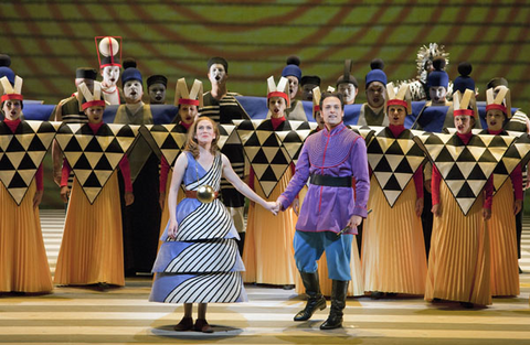 Heidi Stober (Pamina), Alek Shrader (Tamino), Chorus, Die Zauberflöte, Wolfgang Amadeus Mozart. San Francisco Opera, 2011-12. Photographer: Cory Weaver/San Francisco Opera.