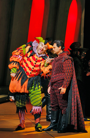 Zeljko Lučić (Rigoletto), Francesco Demuro (The Duke of Mantua), Rigoletto, Giuseppe Verdi. San Francisco Opera, 2012-13. Photographer: Cory Weaver/San Francisco Opera.