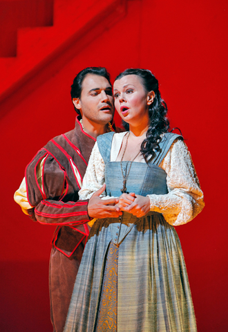 Francesco Demuro (The Duke of Mantua), Aleksandra Kurzak (Gilda), Rigoletto, Giuseppe Verdi. San Francisco Opera, 2012-13. Photographer: Cory Weaver/San Francisco Opera.