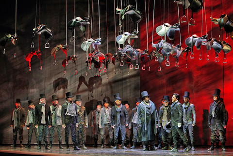 Eric Owens (Capellio), Saimir Pirgu (Tebaldo), Chorus, I Capuleti e i Montecchi, Vincenzo Bellini. San Francisco Opera, 2012-13. Photographer: Cory Weaver/San Francisco Opera.