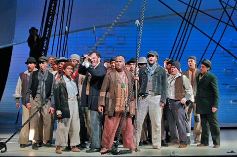 Talise Trevigne (Pip), Morgan Smith (Starbuck), Jonathan Lemalu (Queequeg), Stephen Costello (Greenhorn), Matthew O'Neill (Flask), Chorus, Moby-Dick, Jake Heggie. San Francisco Opera, 2012-13. Photographer: Cory Weaver/San Francisco Opera.