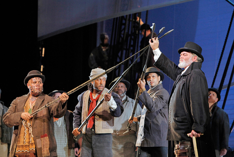 Jonathan Lemalu (Queequeg), Bradley Kynard (Daggoo), Carmichael Blankenship (Tashtego), Jay Hunter Morris (Captain Ahab), Moby-Dick, Jake Heggie. San Francisco Opera, 2012-13. Photographer: Cory Weaver/San Francisco Opera.