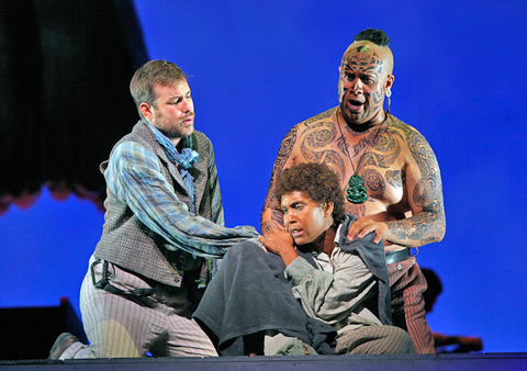 Stephen Costello (Greenhorn), Talise Trevigne (Pip), Jonathan Lemalu (Queequeg), Moby-Dick, Jake Heggie. San Francisco Opera, 2012-13. Photographer: Cory Weaver/San Francisco Opera.