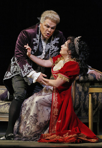 Mark Delevan (Baron Scarpia), Patricia Racette (Floria Tosca), Tosca, Giacomo Puccini. San Francisco Opera, 2012-13. Photographer: Cory Weaver/San Francisco Opera.