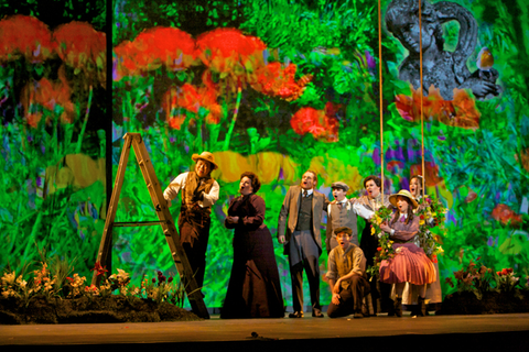 Ao Li (Ben Weatherstaff), Erin Johnson (Mrs. Medlock), Philippe Sly (Archibald Craven), Michael Kepler Meo (Colin Craven), Scott Joiner (Dickon Sowerby), Marina Harris (Susan Sowerby), Sarah Shafer (Mary Lennox), Laura Krumm (Martha Sowerby), The Secret Garden, Nolan Gasser. San Francisco Opera, 2012-13. Photographer: Peter DaSilva/San Francisco Opera.