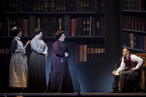 Laura Krumm (Martha Sowerby), Marina Harris (Susan Sowerby), Erin Johnson (Mrs. Medlock), Philippe Sly (Archibald Craven), The Secret Garden, Nolan Gasser. San Francisco Opera, 2012-13. Photographer: Peter DaSilva/San Francisco Opera.