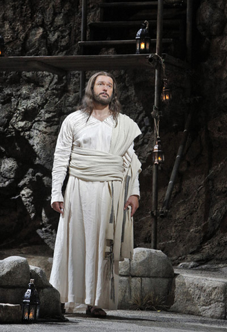 Nathan Gunn (Yeshua), Maria Kanyova (Miriam), Sasha Cooke (Mary Magdalene), and William Burden (Peter), The Gospel of Mary Magdalene, Mark Adamo. San Francisco Opera, 2012-13. Photographer: Cory Weaver/San Francisco Opera.