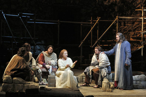 Sasha Cooke (Mary Magadlene), Nathan Gunn (Yeshua), Chorus, The Gospel of Mary Magdalene, Mark Adamo. San Francisco Opera, 2012-13. Photographer: Cory Weaver/San Francisco Opera.