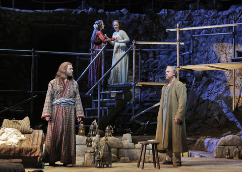 Nathan Gunn (Yeshua), Maria Kanyova (Miriam), Sasha Cooke (Mary Magdalene), William Burden (Peter), The Gospel of Mary Magdalene, Mark Adamo. San Francisco Opera, 2012-13. Photographer: Cory Weaver/San Francisco Opera.